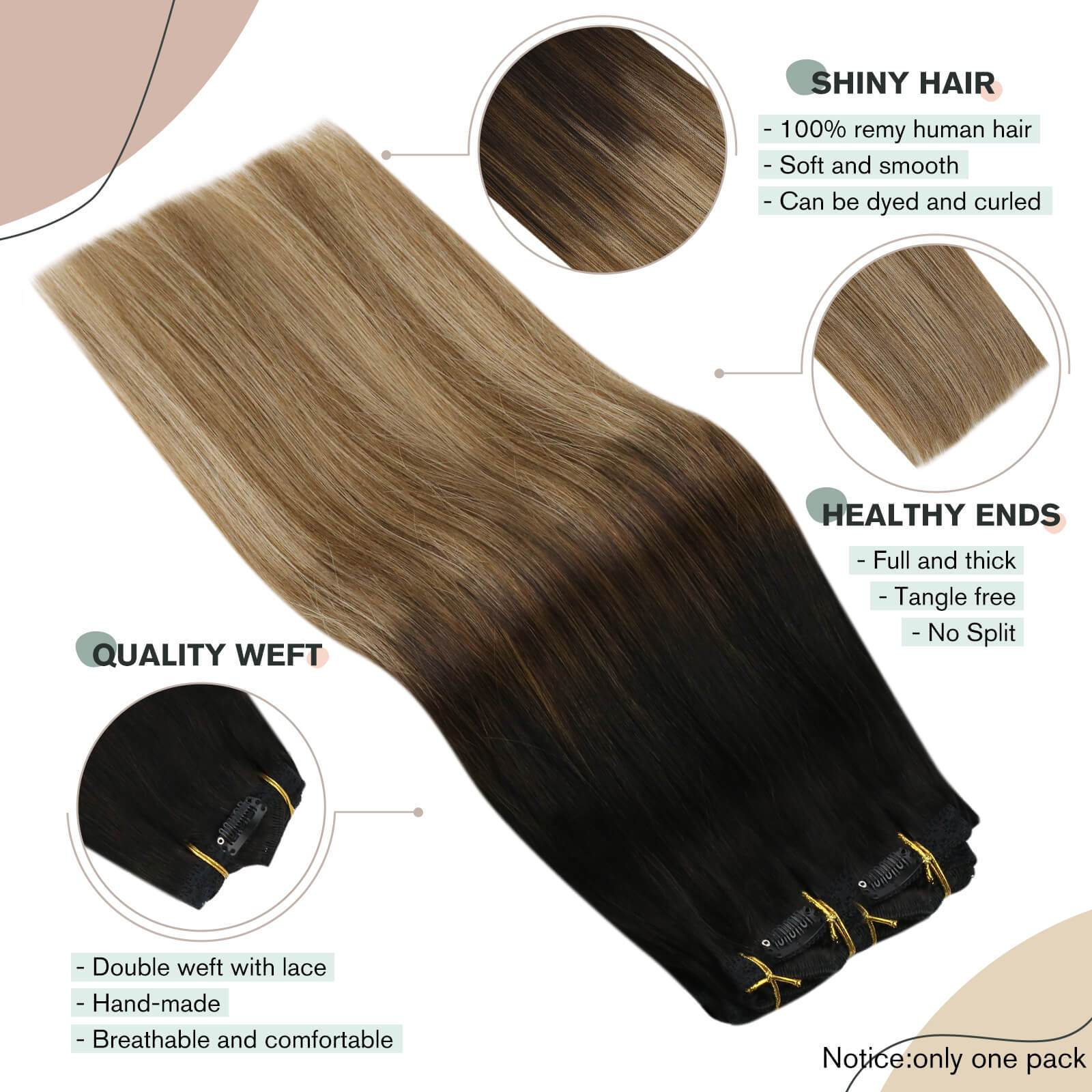 1B Black to 6 Brown with 16 Blonde 10Piece Clip on Real Human Hair Extensions
