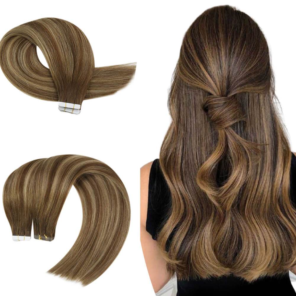 Brown Hightlighted Tape in Real Human Virgin Hair Extensions 4/27
