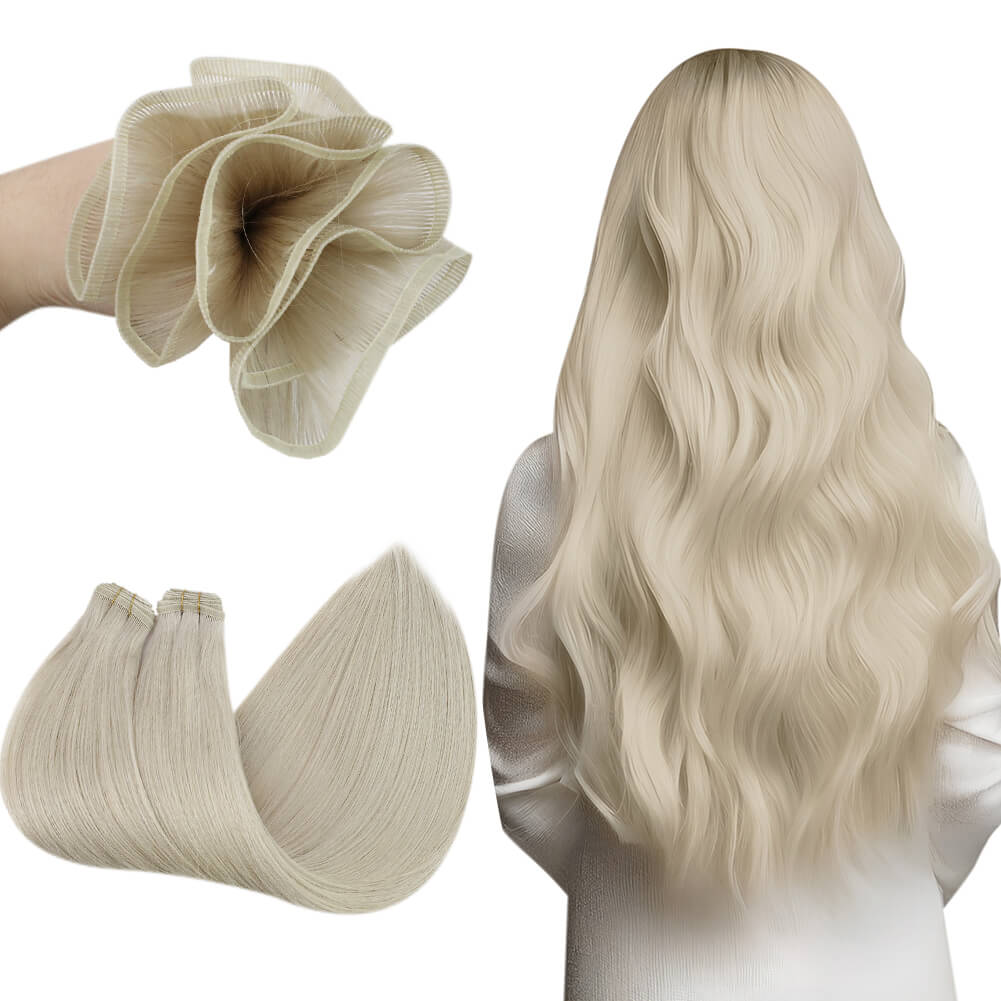 Flat Silk Weft Hair Extensions Real Virgin Hair Platinum Blonde 1000