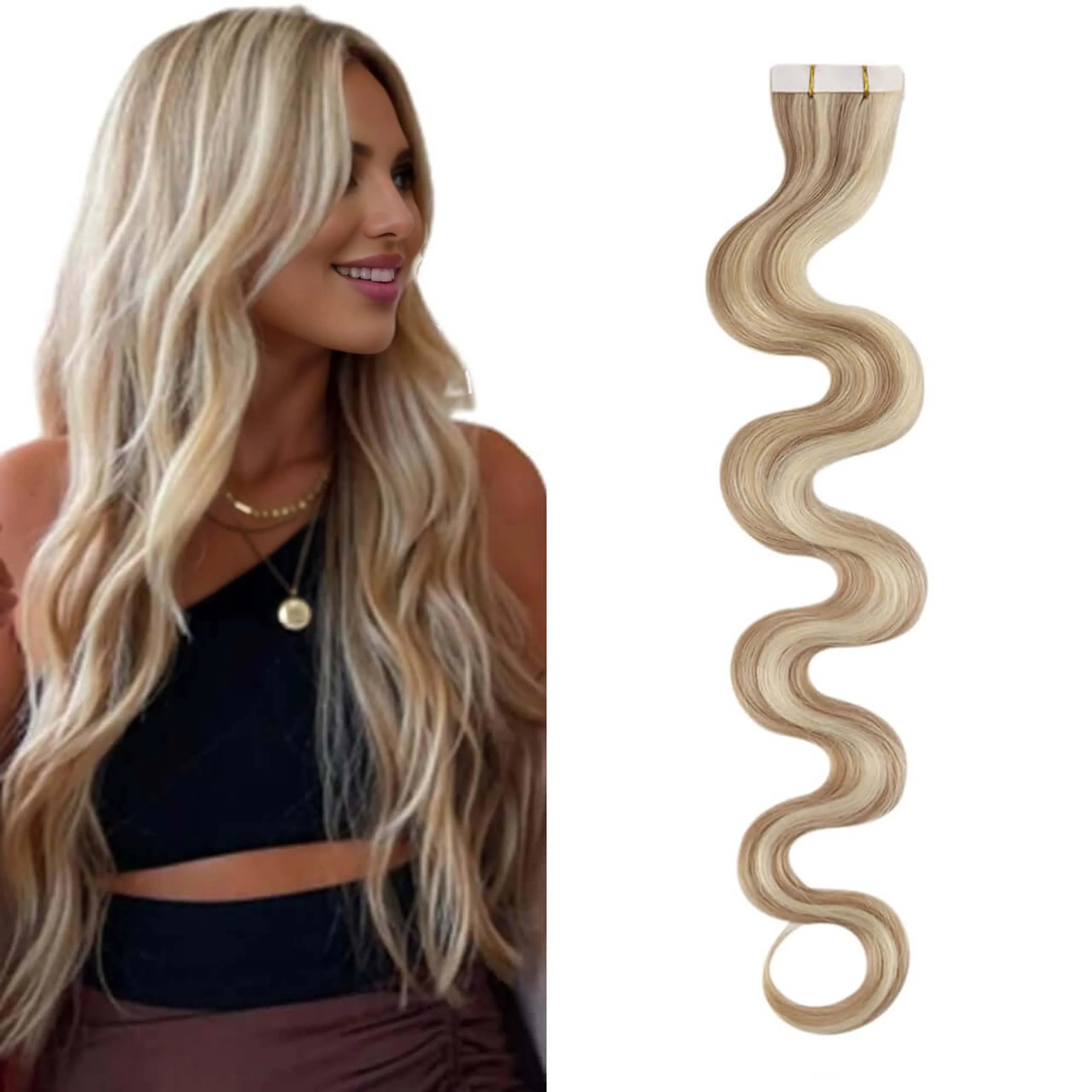 PianoColorAshBlondewithBleachBlondeBodyWaveTapeinHair