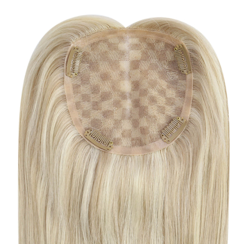 [Density Upgrade 150%] Lace Base Human Hair Topper Without Bangs For Loss Hair Highlighted Color Blonde Hair 18/613