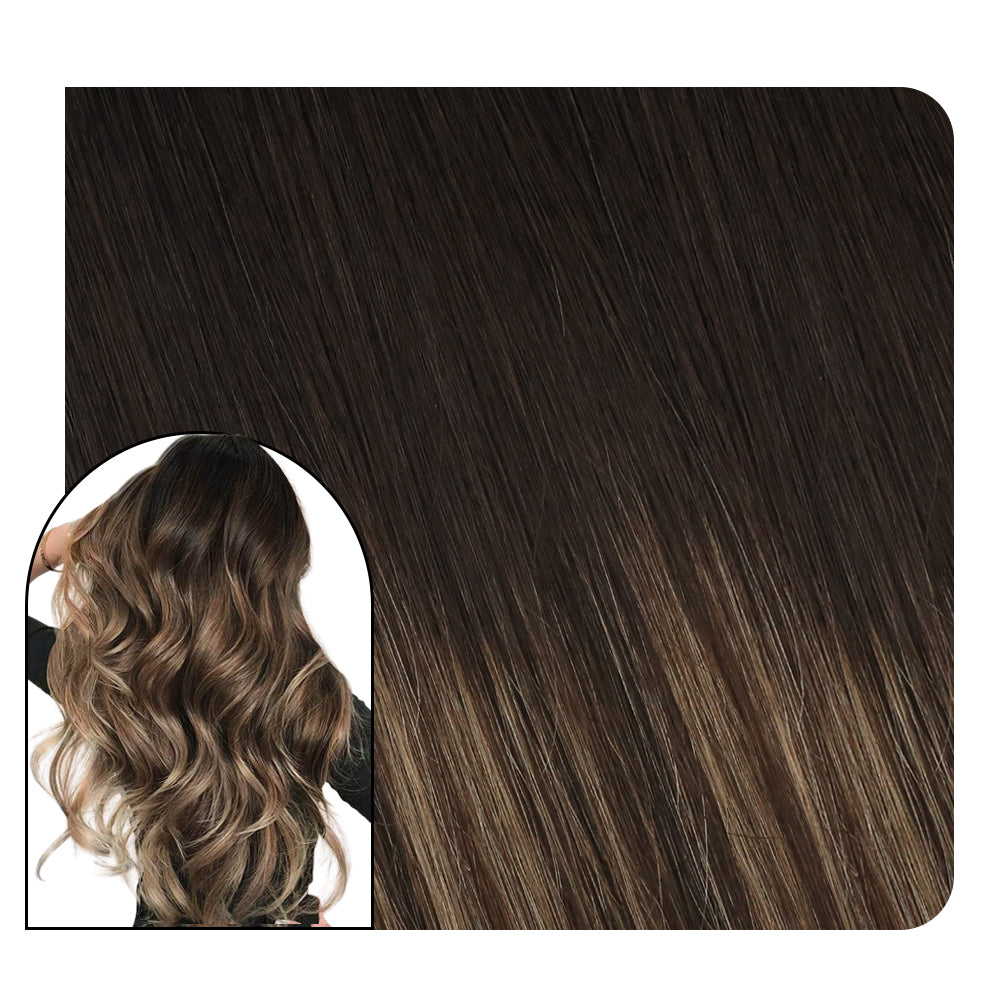 Remy Human Hair I Tip Hair Extensions Balayage Color #1B/4/27 Black to Brown with Blonde