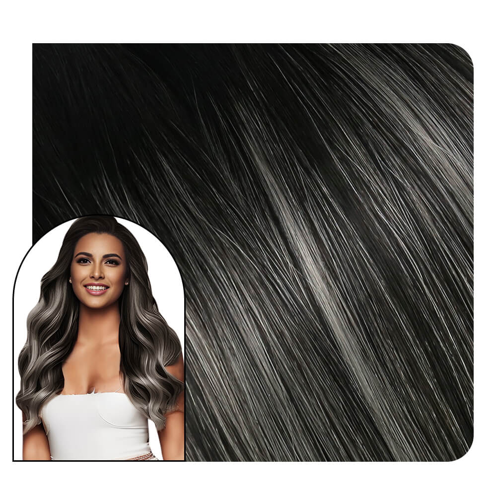 Virgin Flat Silk Weft Hair Extensions Balayage Ombre Black With Silver #1B/Silver/1B