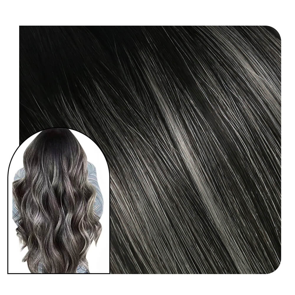 [Virgin+] Invisible Hybrid Weft Extensions Balayage Black With Silver #1B/Silver/1B