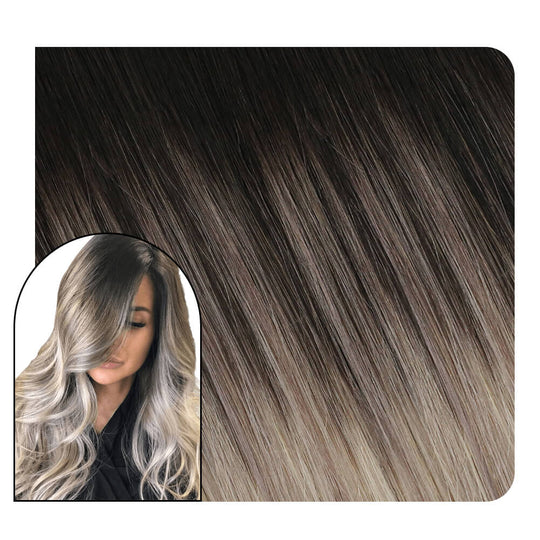 100% Remy Human Hair Clip in Extensions Balayage Color #1B/18/60 Black with Blonde