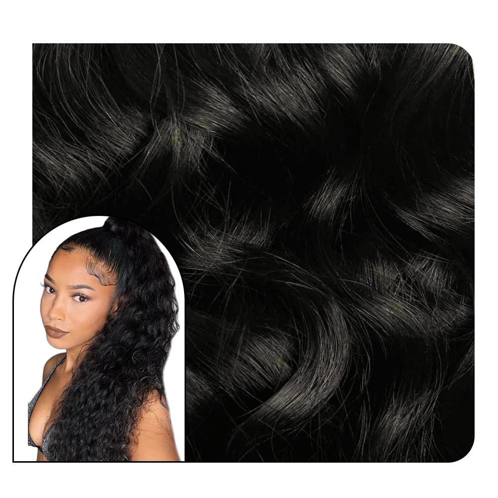 Tape in Extensions Human Remy Hair Natual Wave Curly Hair Black #1B