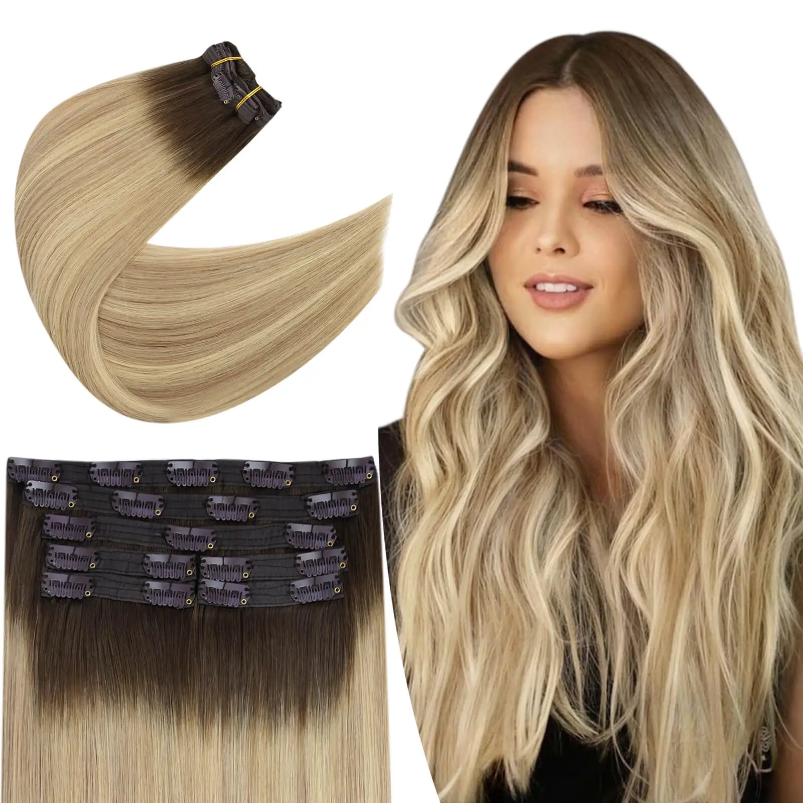 real hair clip in extensions balayage brown blonde hair
