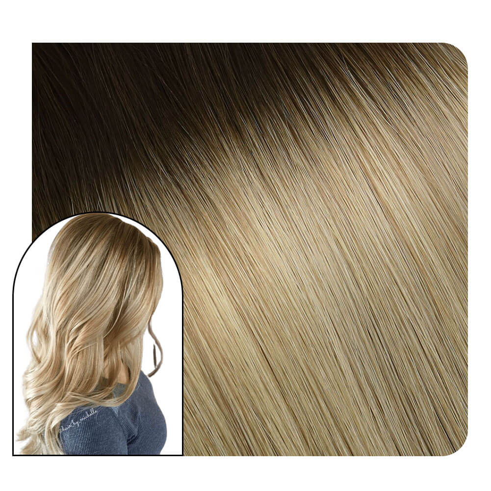 Virgin Flat Silk Weft Hair Extensions Human Hair Balayage Brown With Blonde #3/8/22