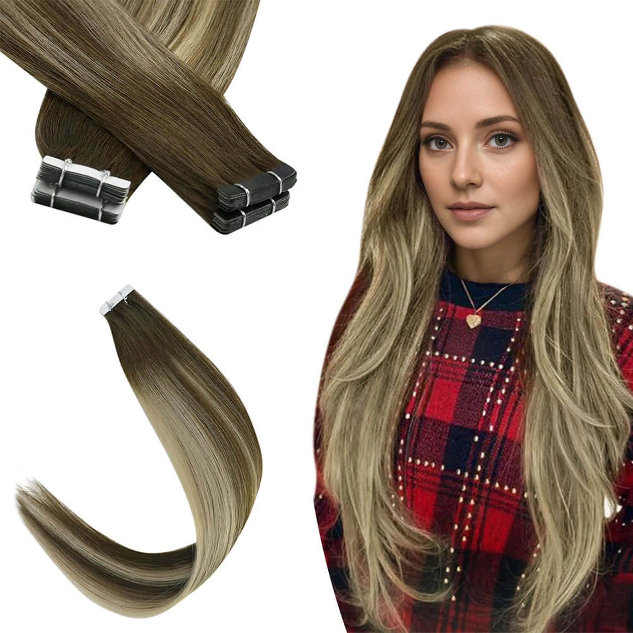 Tape in Extensions Real Hauman Hair Balayage Color 4/8/27/4