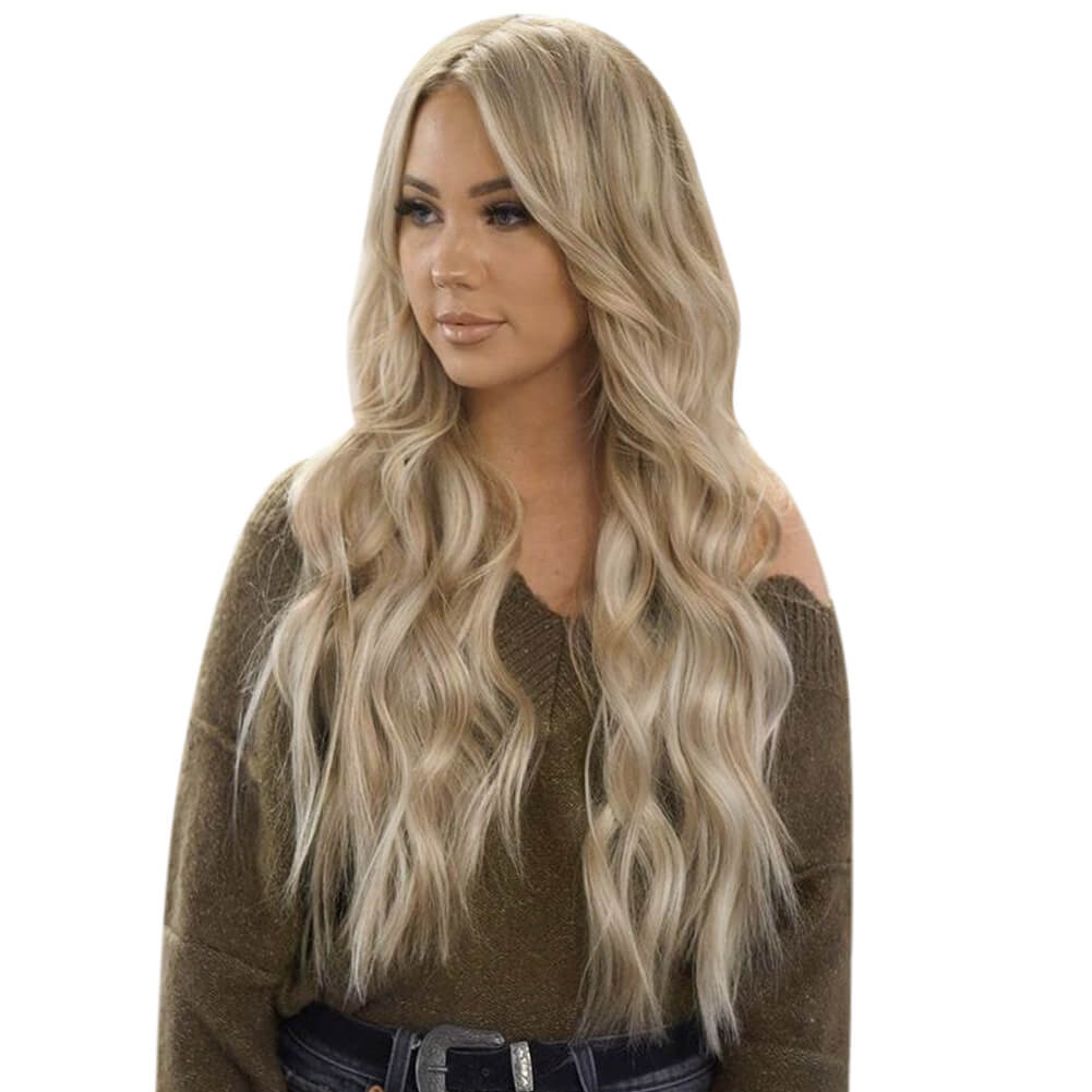  Beach Wavy Genius Weft Extensions Human Hair Brown With Blonde Balayage