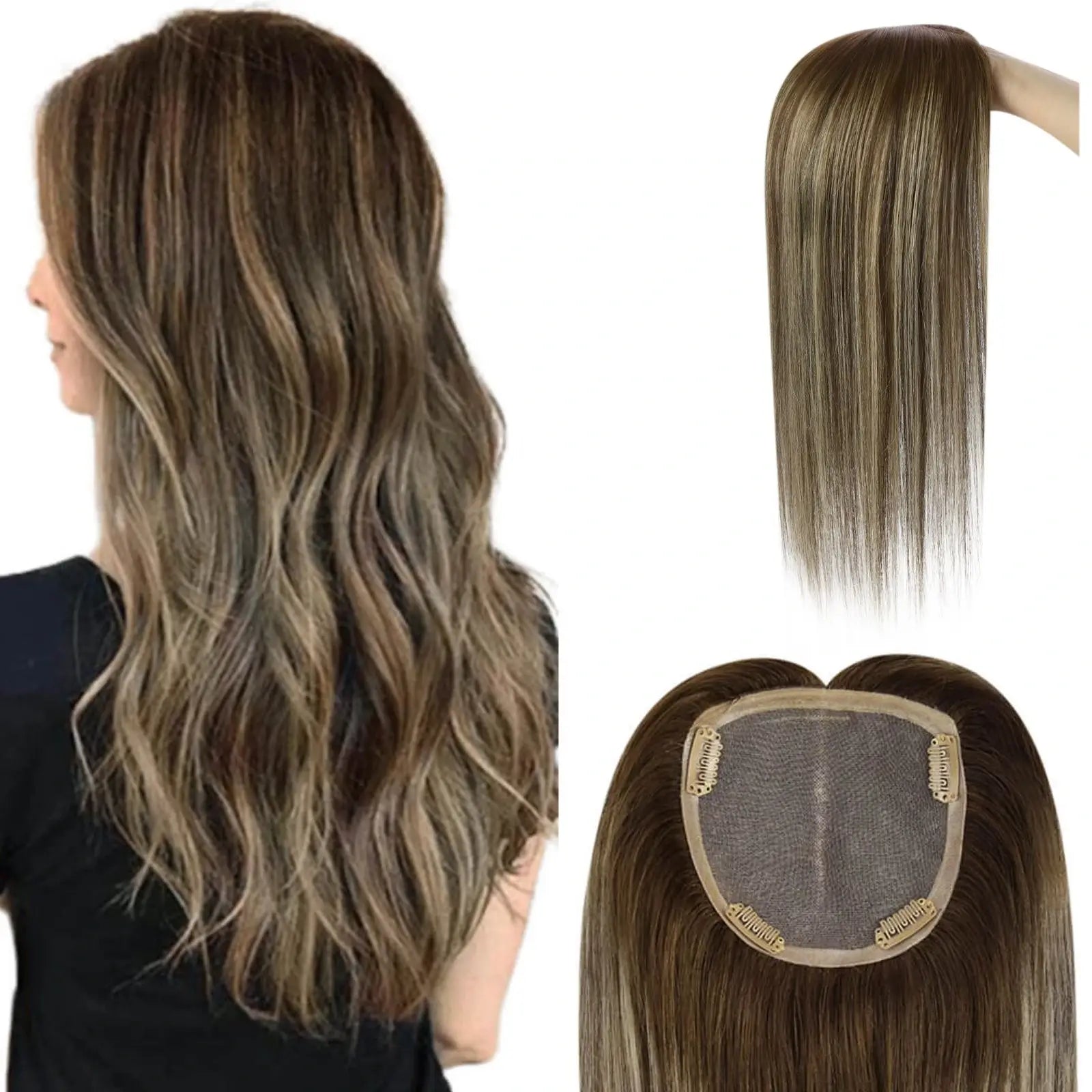 Clip On Human Hair Topper For Thinning Hair Balayage Ombre Brown Blonde Hair
