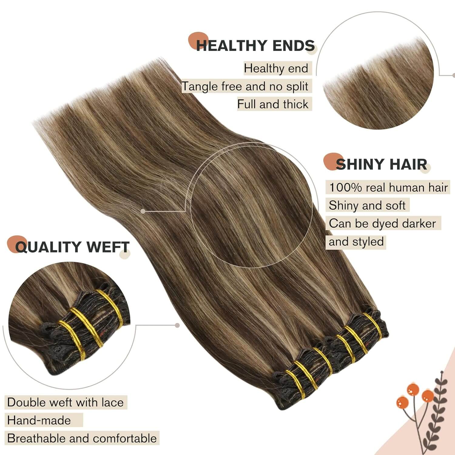 silky straight clip in extensions brown blonde color