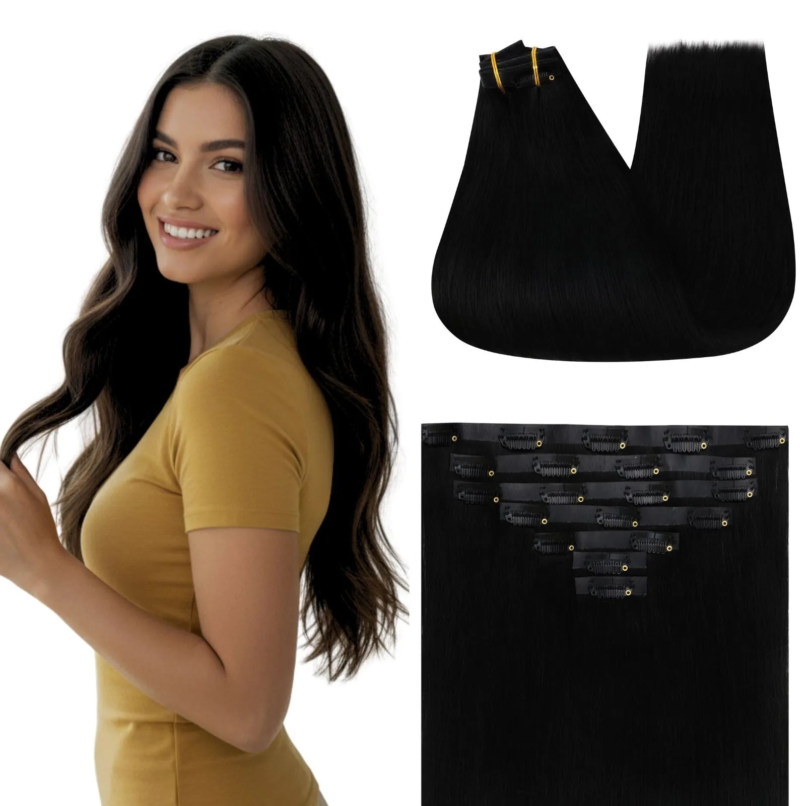 7pcs seamless clip in extensions black pu clip ins for long hair