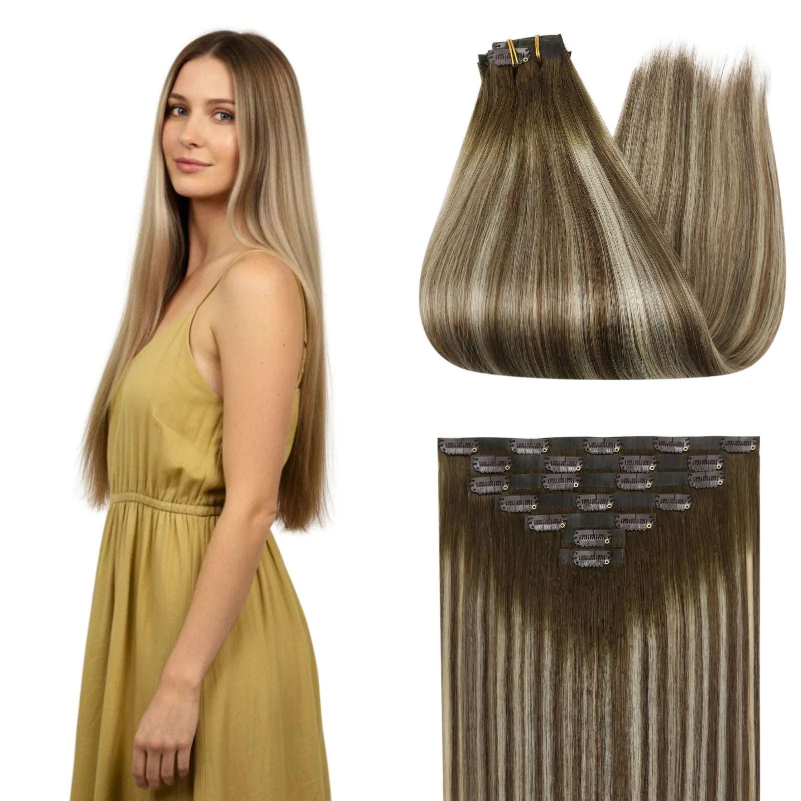 7pcs pu clip in hair extensions balayage brown with blonde for thin hair