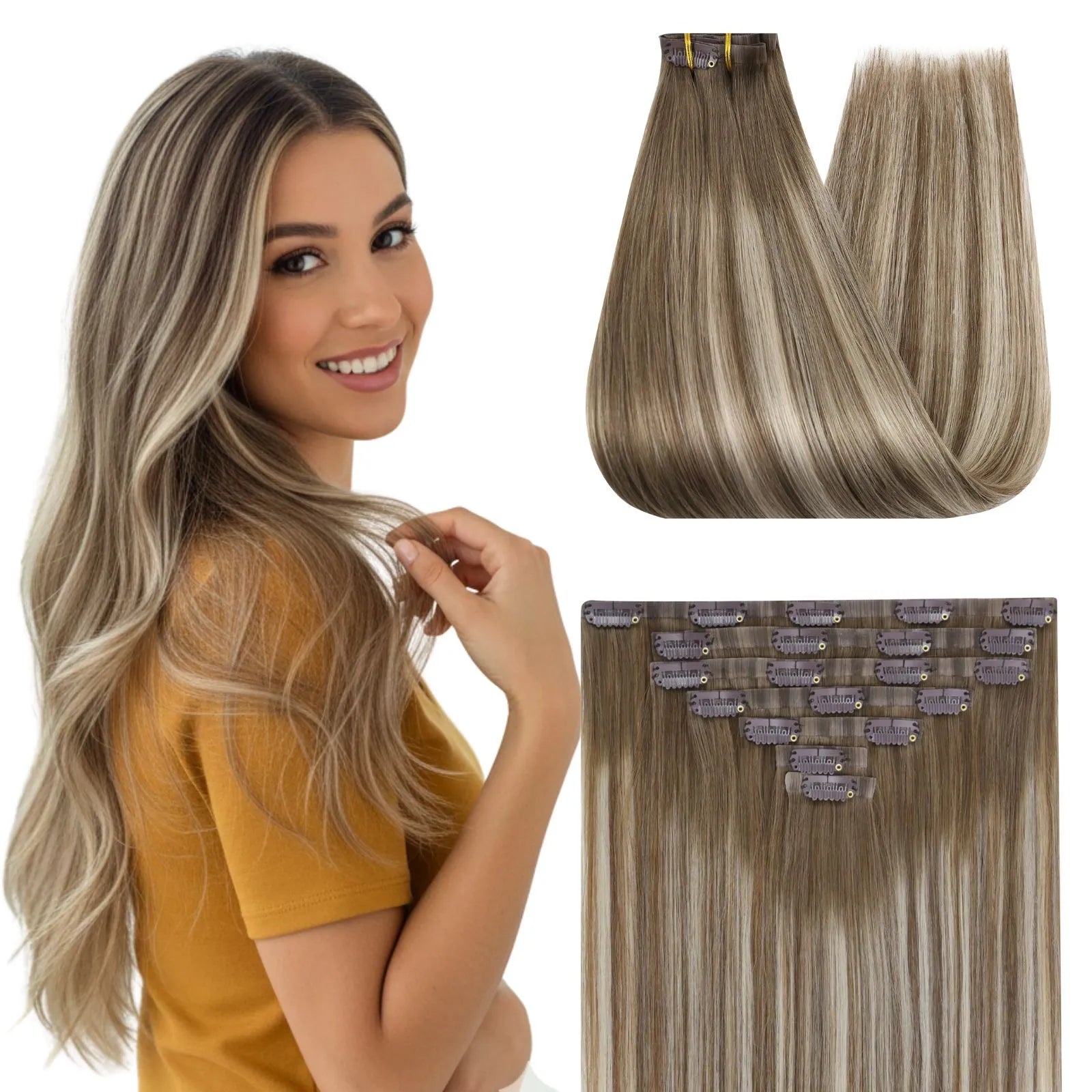 7pcs clip ins balayage blonde for thin hair
