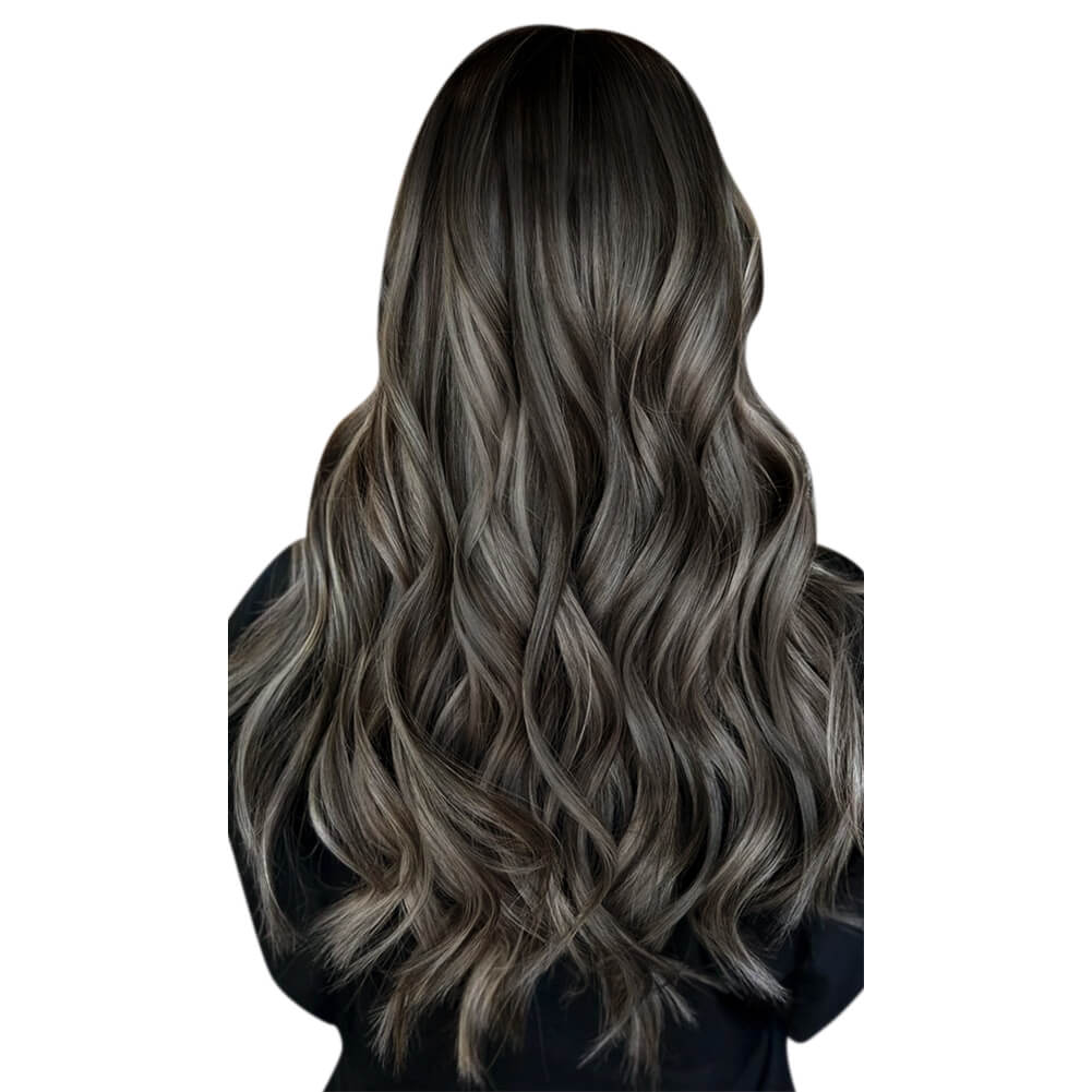 [Pre-sale][Virgin+] Invisible Hybrid Weft Extensions Balayage Black With Silver Body Wave #1B/Silver/1B
