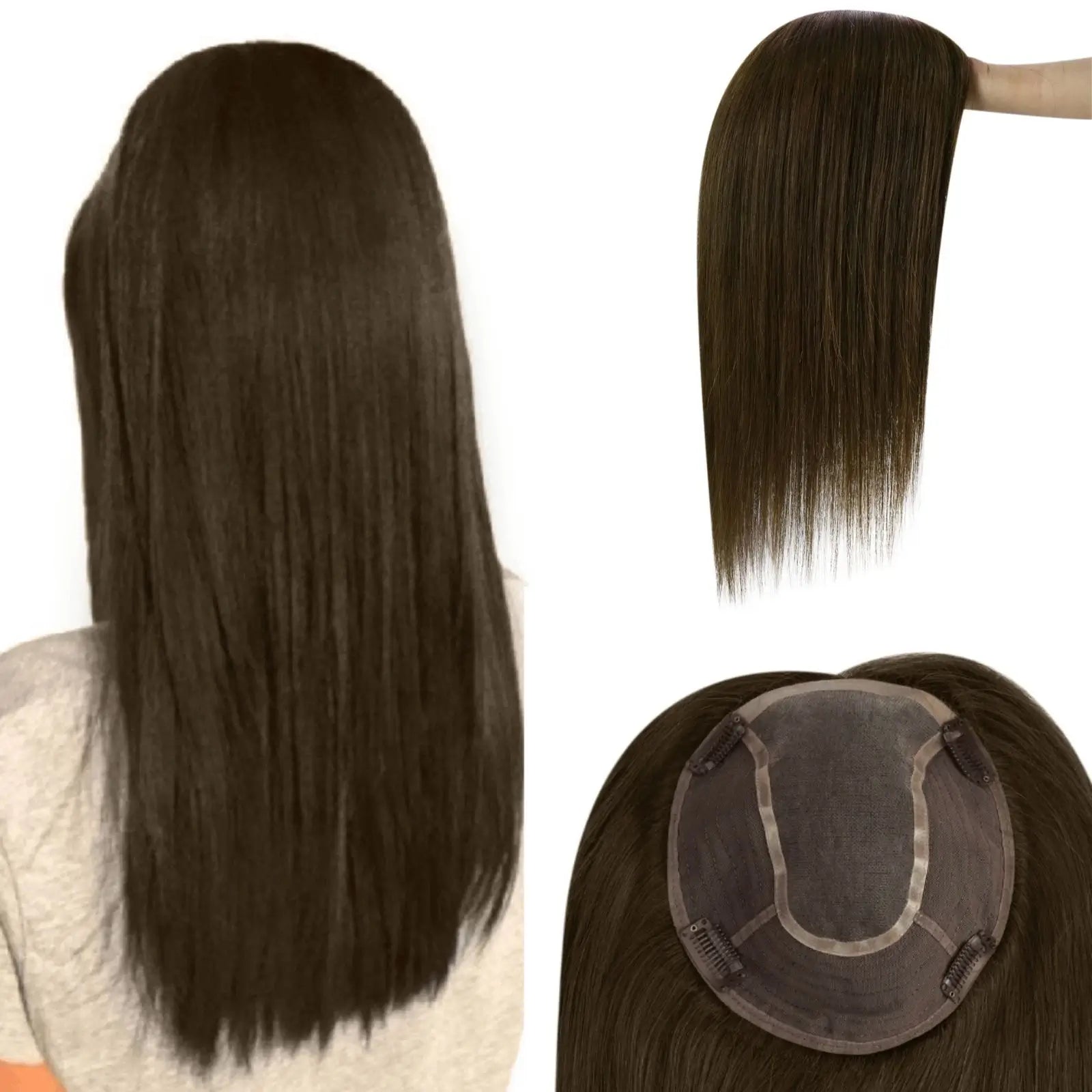 Mono Base Virgin Hair Topper Dark Brown Clip On Hair Extension Topper