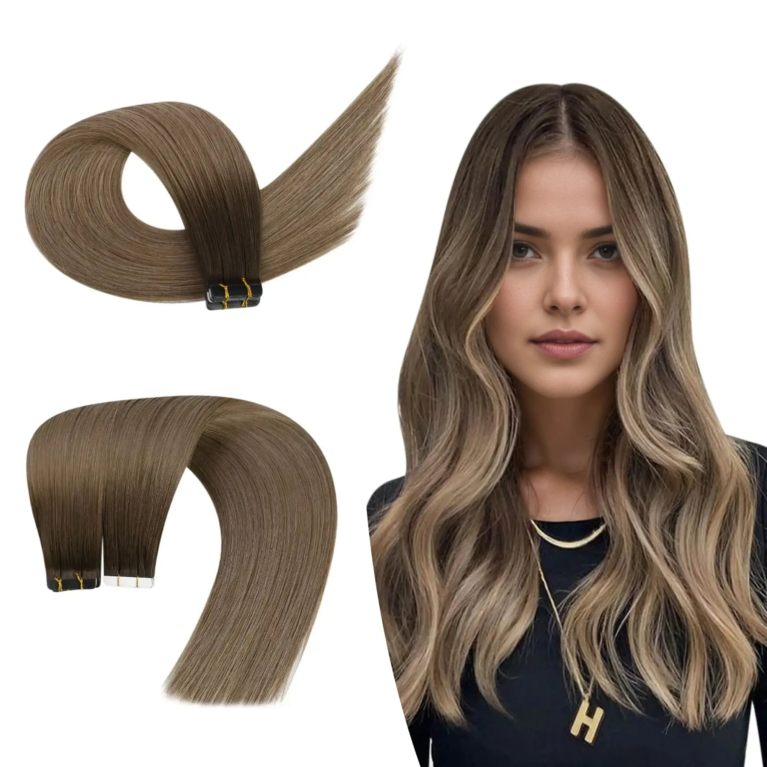 [Virgin+] Brown Blonde Balayage Tape in Real Human Virgin Hair Extensions #R2/DXB/18
