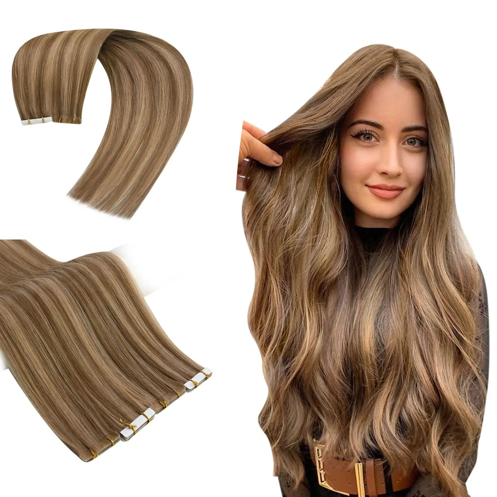 SeamlessInjectionTapeinHairExtensionsBrownBlondeHighlight