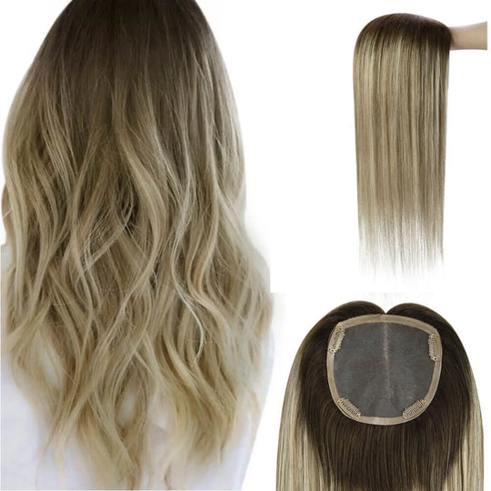 Secret Human Hair Topper Hand Made Real Human Hair Balayage Brown With Blonde