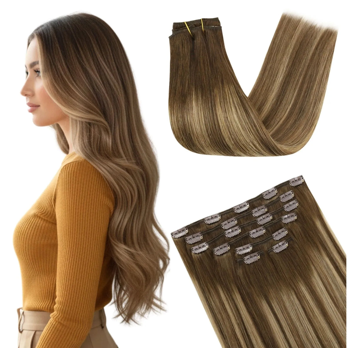 Thickened Clip in Human Extensions For Fine Hair Ombre Brown with Blonde #4/27/4
