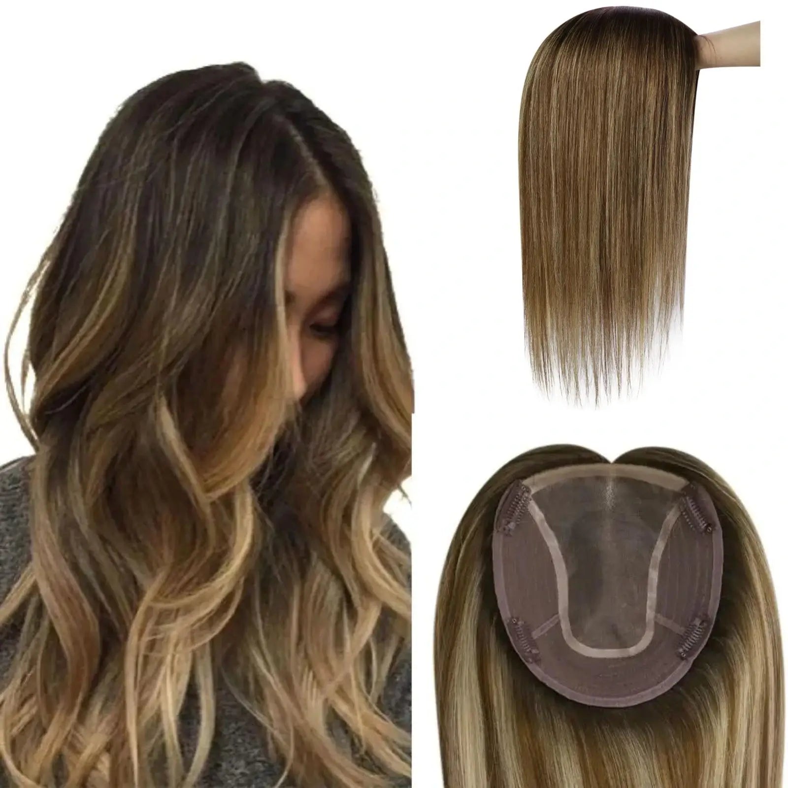 Virgin Hair Topper Dark Brown With Highlight Invisible Secret Hairpieces