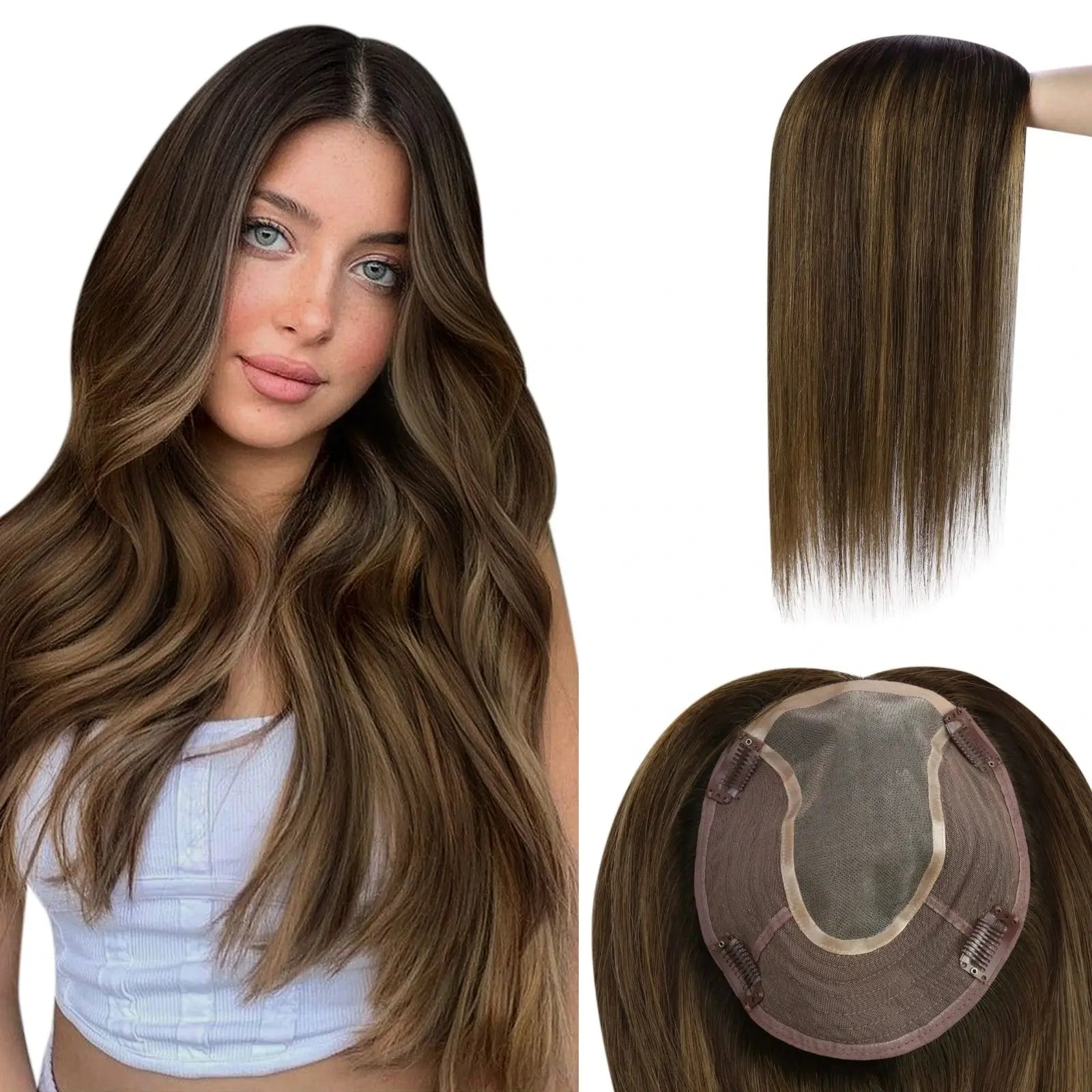 Virgin Hair Toppers Darkest Brown With Highlight Human Hair Toppers
