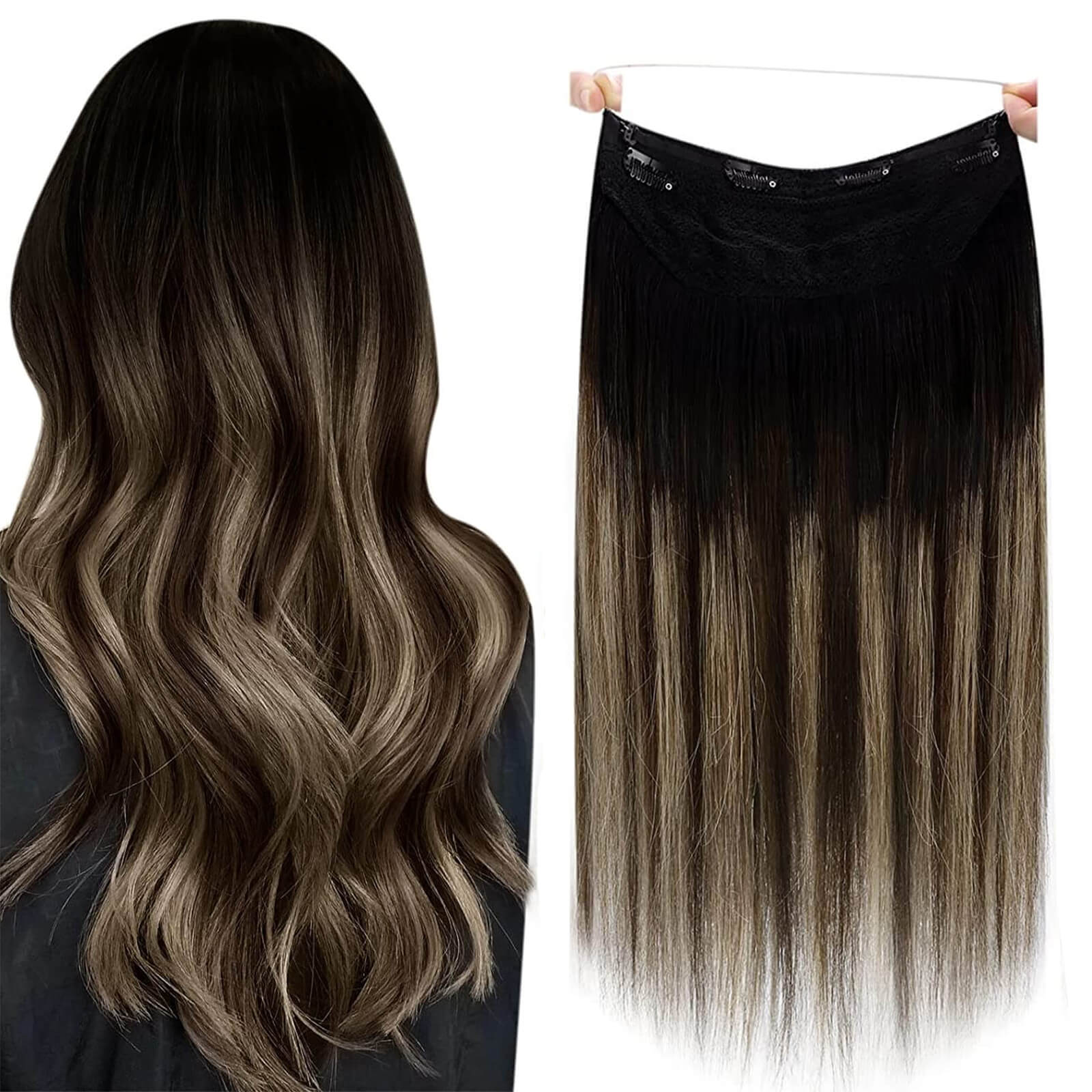 Halo Hair Extensions Balayage Black to Brown with Caramel Blonde Hair