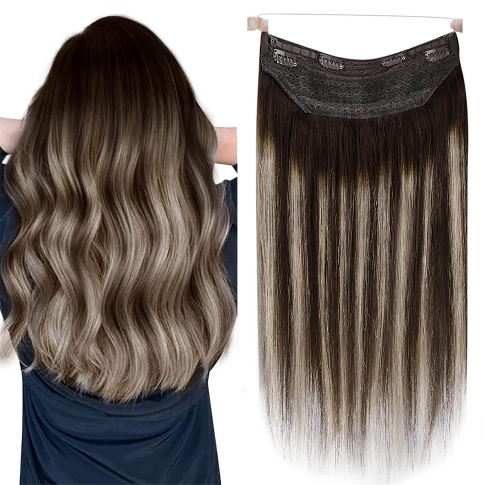 Halo Hair Extensions Balayage Dark Brown with Ash Blonde with