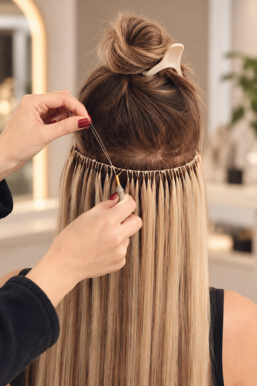 apply feather weft hair extensions