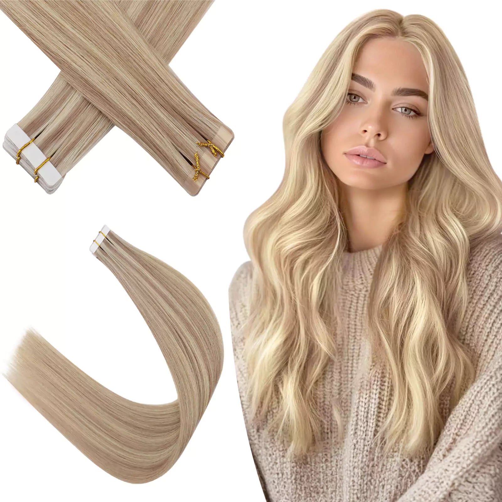 Ash Blonde with Bleach Blonde Tape in Hair Extensions Virgin Hair
