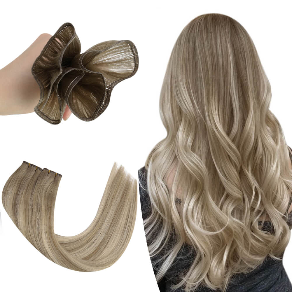 Flat Silk Weft Hair Extensions Virgin Human Hair Brown With Blonde #8/8/613