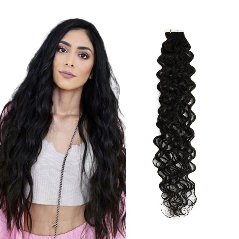 Natural Wavy Injected Tape in Hair Extensions Wave Virgin Hair Off Black