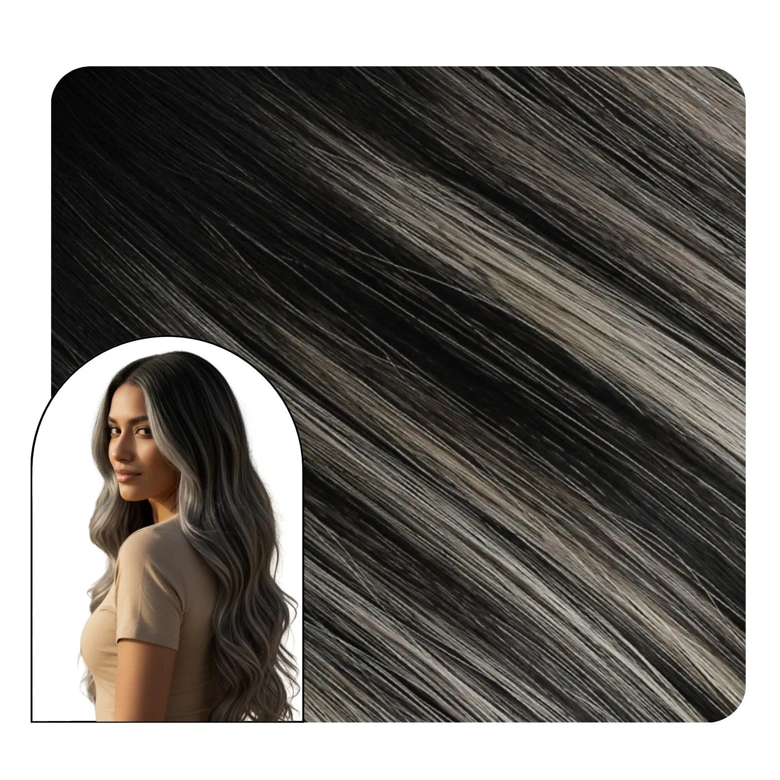 [Virgin+] PU Hole Weft Extensions Virgin Human Hair Black with Gray #1B/Silver/1B