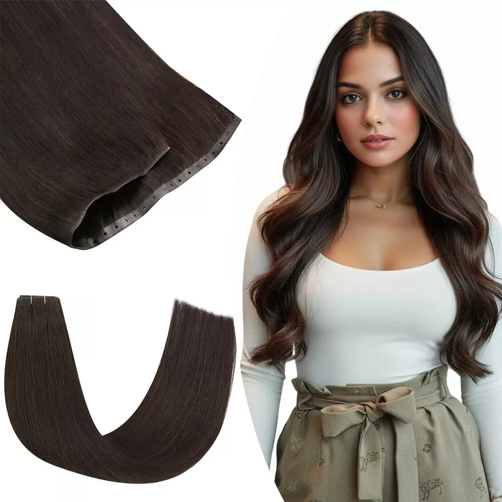 Seamless Injected PU Flat Weft With Hole Human Hair Darkest Brown