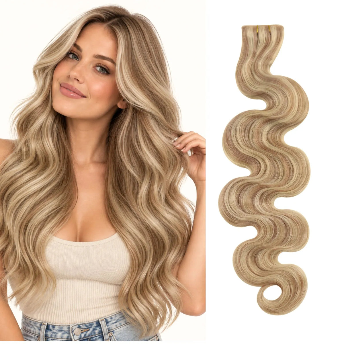 weft hair extensions beach wavy hairstyle highlighted blonde for women