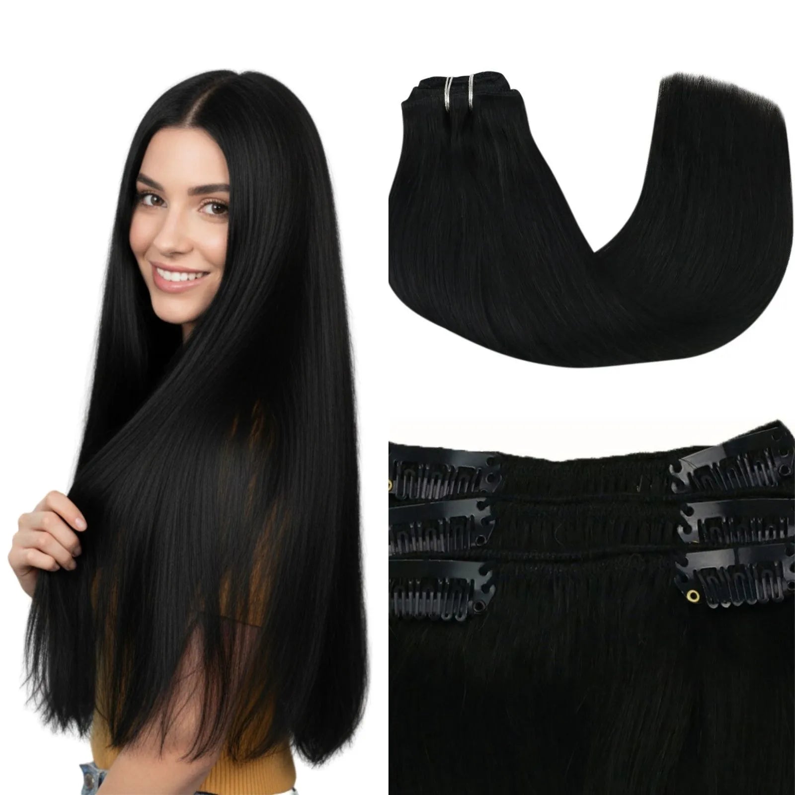 Jet black clip in human hair extensions