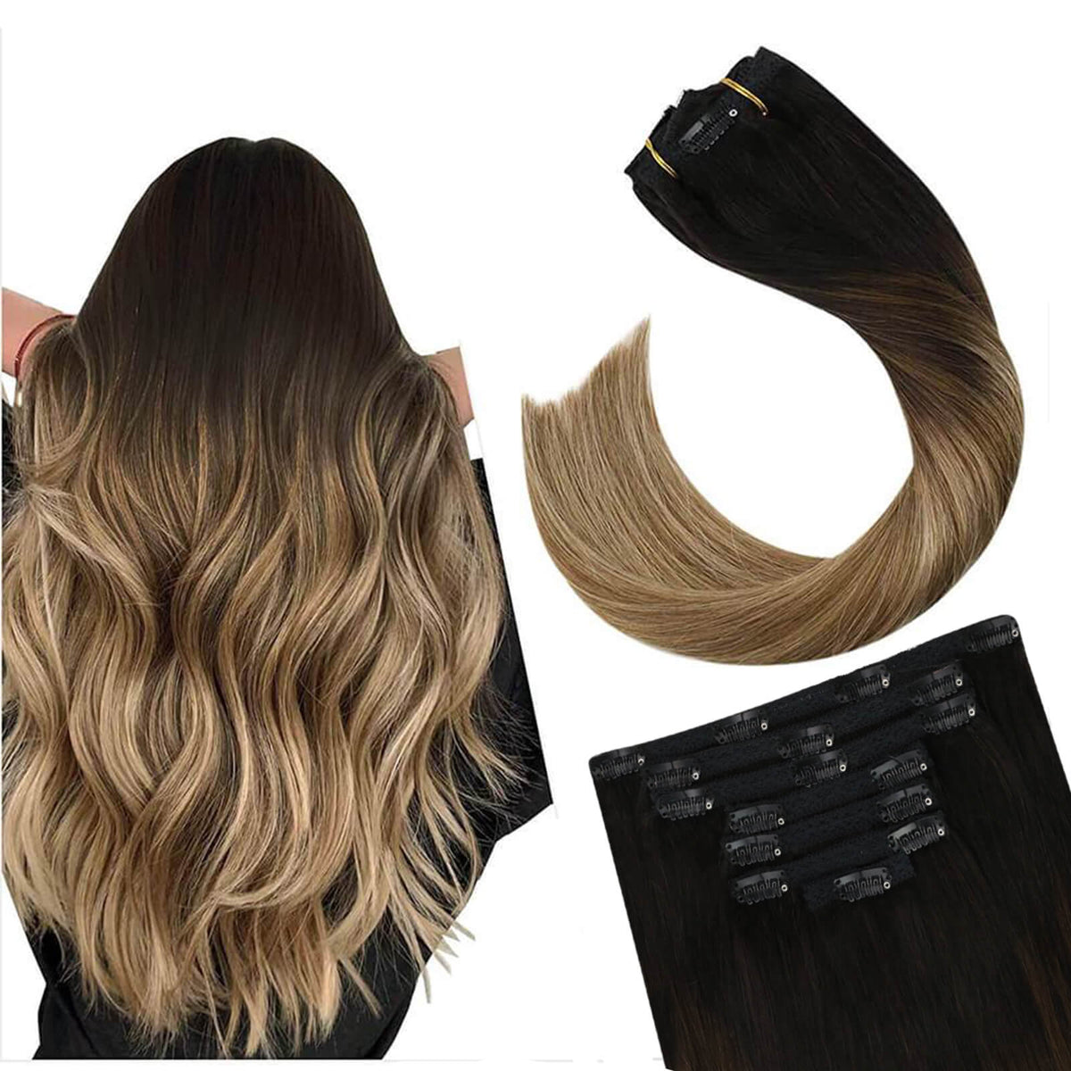 #1B Black to #6 Brown with #16 Blonde 10Piece Clip on Real Human Hair Extensions