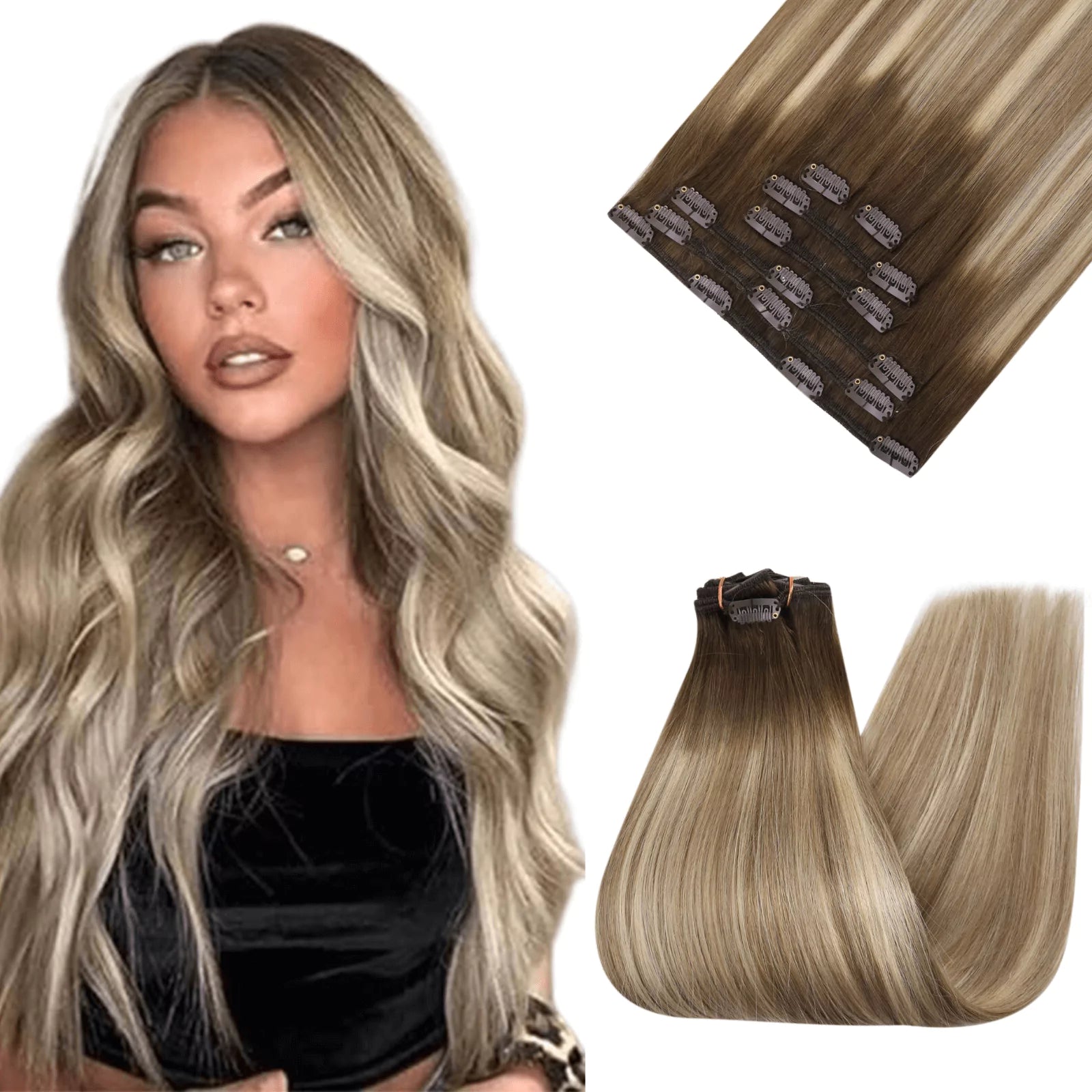 [New Arrival] Clip in Extensions Remy Human Hair Balayage Brown Blonde #3/8/22