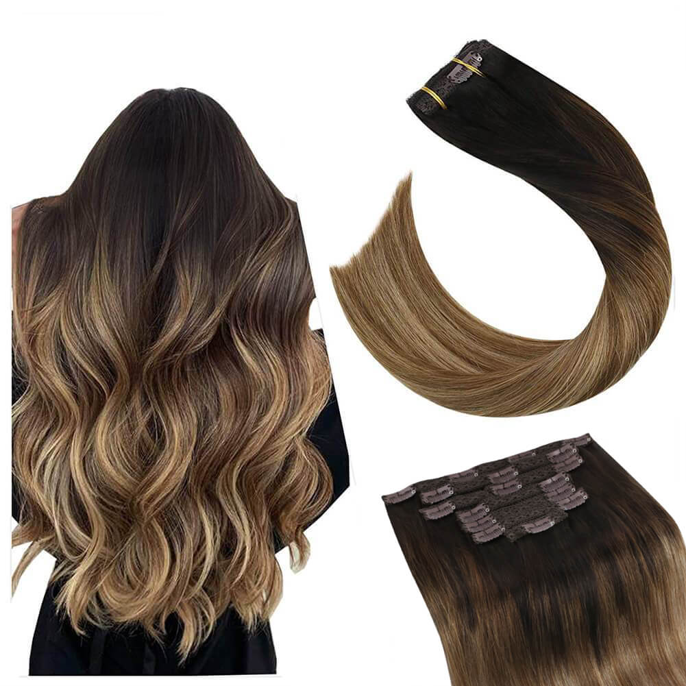 Full Head Ombre Clip in Hair Extensions 10PCS Balayage 2/6/12 Brown to Blonde
