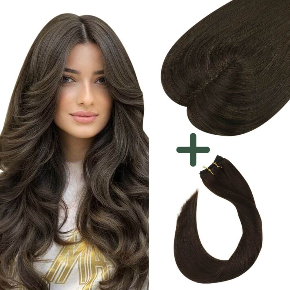 Human Topper Hair And Remy Hair Weft Darkest Brown Color 