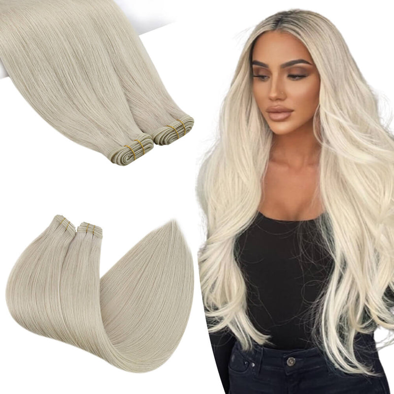 Flat Silk Weft Hair Extensions Real Virgin Hair Platinum Blonde #1000