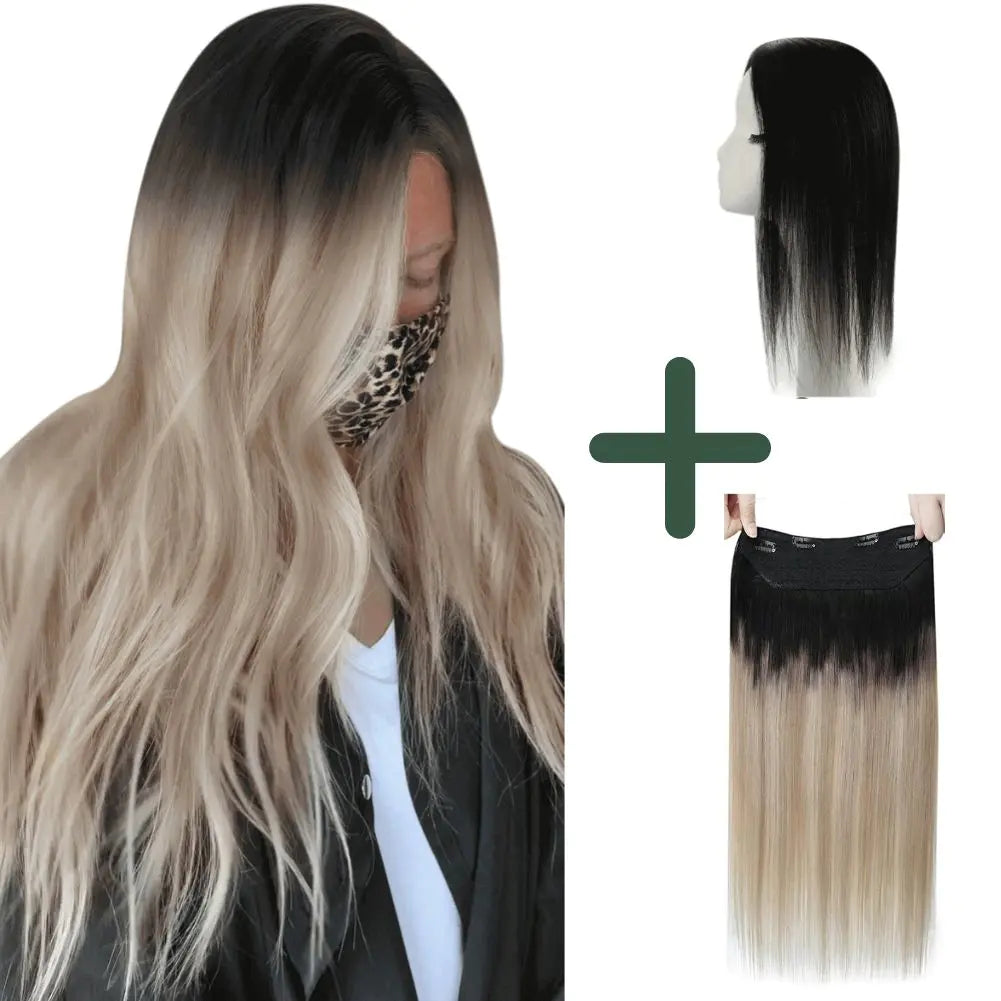 150% Density Remy Topper #1B And Halo Hair extensions Dark Brown to Platinum Blonde#1B/18/60