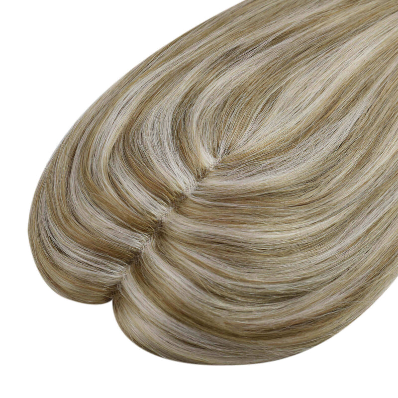 [Density Upgrade 150%] Lace Base Hand Made Hair Topper Real Human Hair For Loss Hair Highlighted Blonde Color #8P60