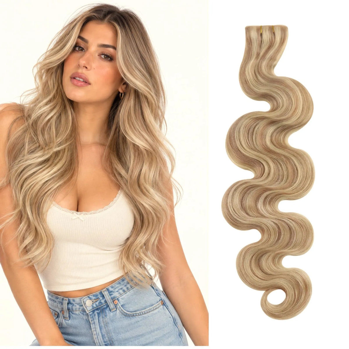 injection tape ins beach wavy hairstyle highlighted blonde for women