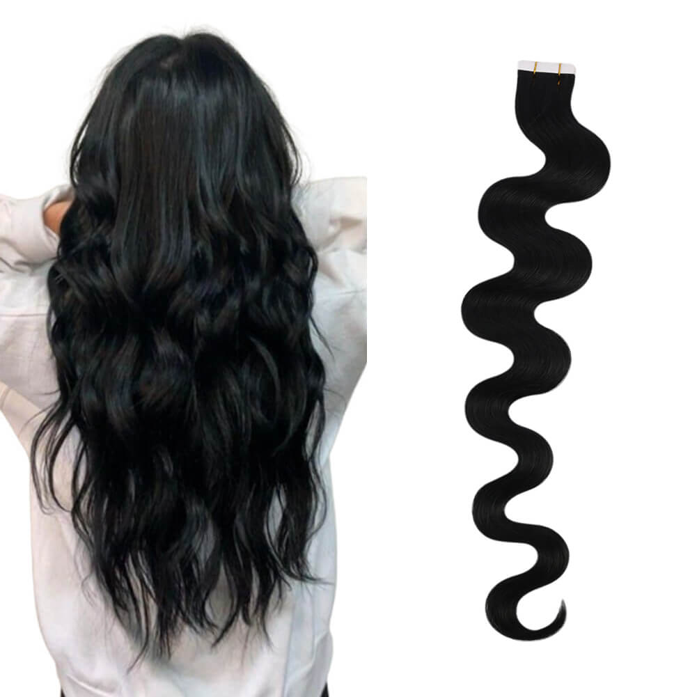 Body Wave Invisible Injection Tape in Extensions Jet Black 1