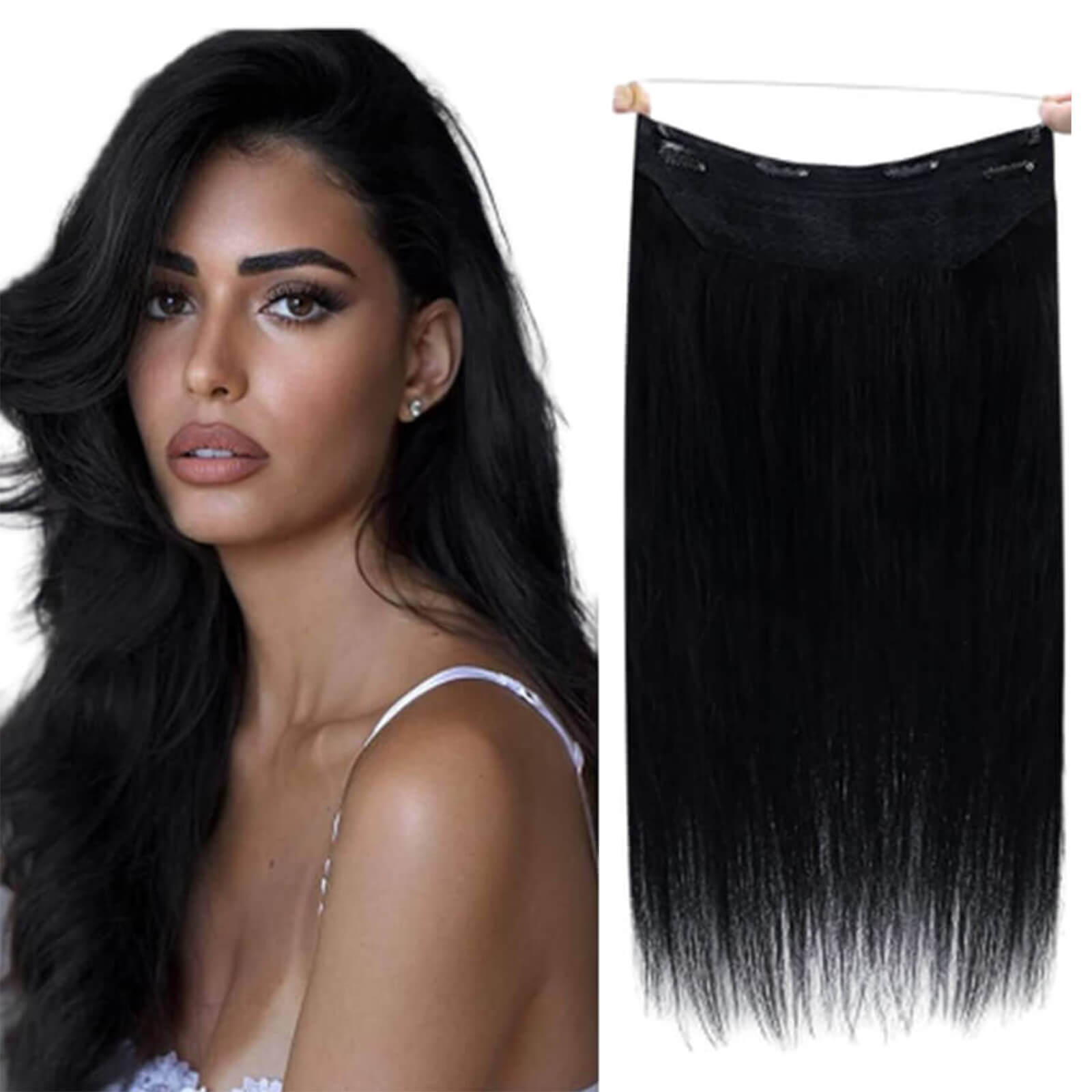 Fish Line Hair Extensions Black Human Hair with 2 Pieces Clip in Hair Extensions