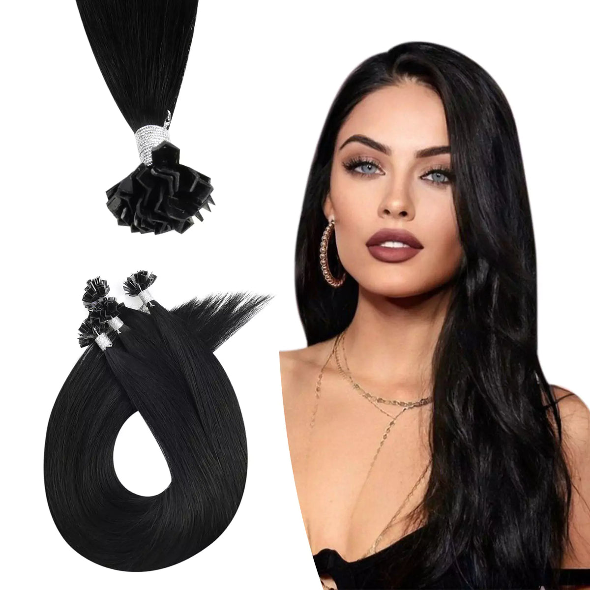Ktip Pattern Virgin High Quality Ktip Extensions 100% Human Hair Jet Black Color #1