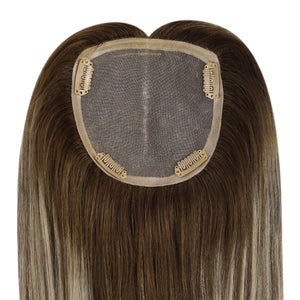 [Density Upgrade 150%] Clip On Human Hair Topper For Thinning Hair Balayage Ombre Brown Blonde Hair 4/27/4