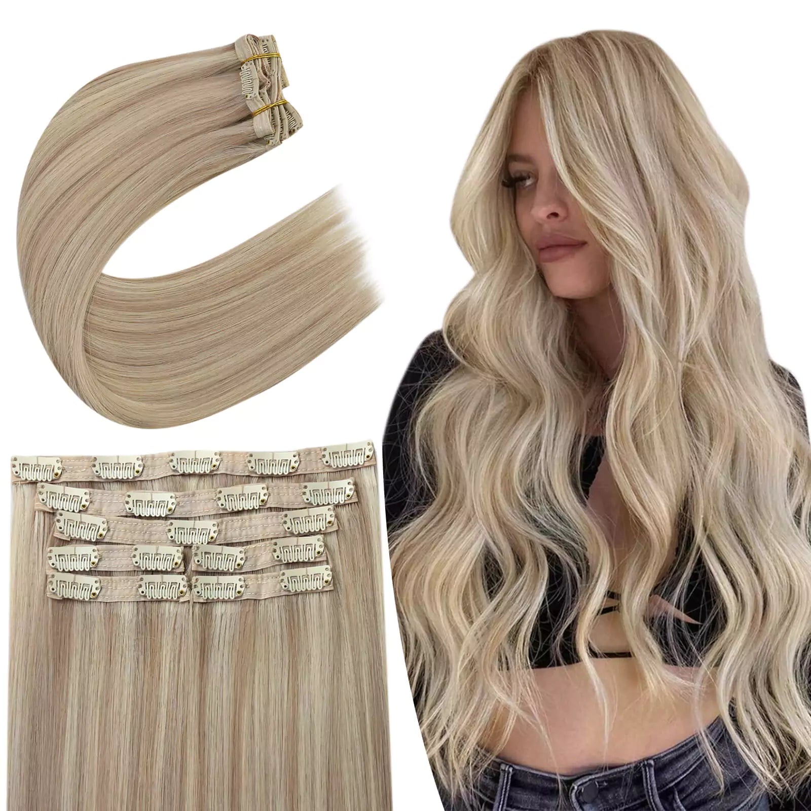 hair extensions clip in human hair blonde highlight